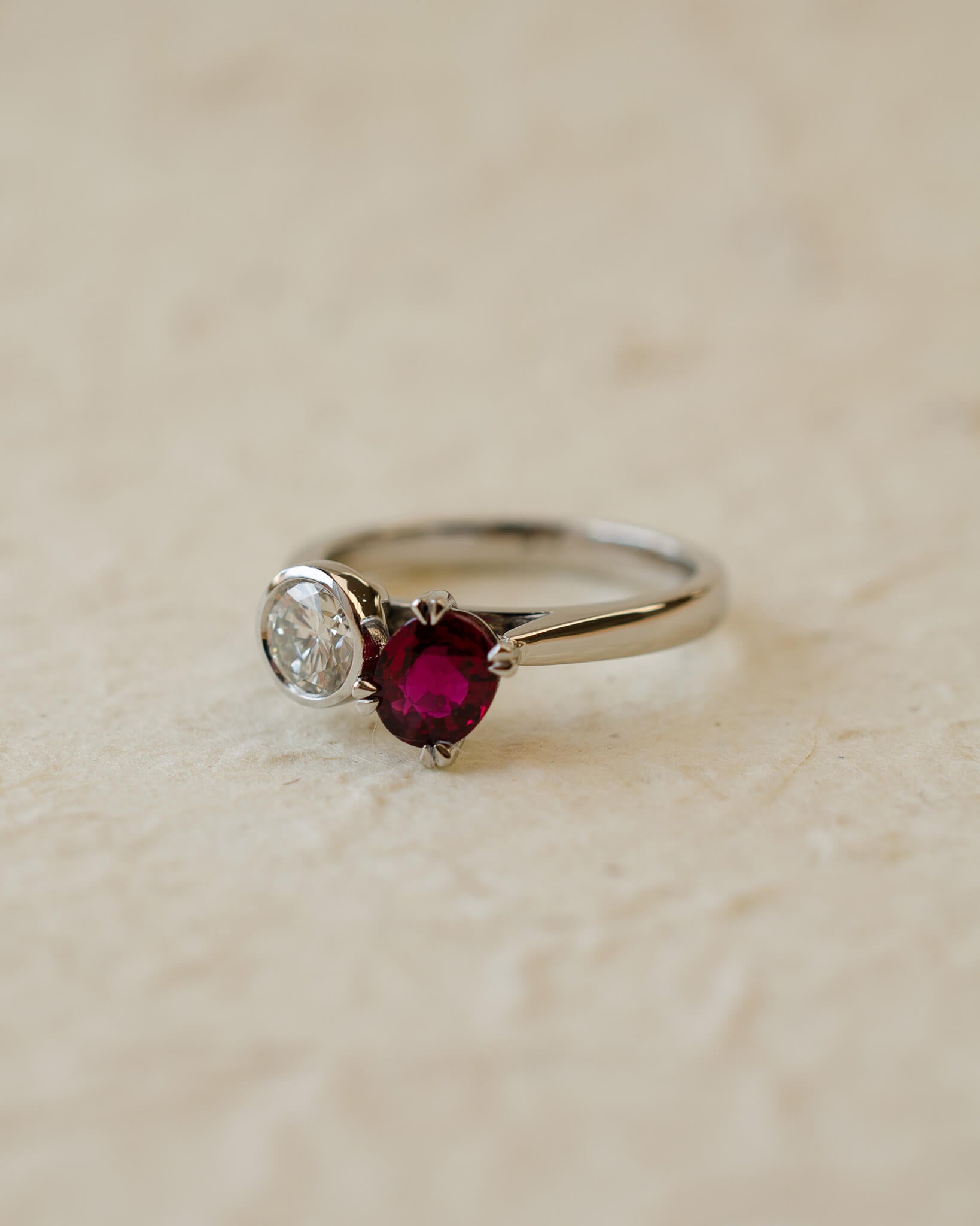moi et toi diamond and ruby two stone ring
