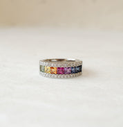 platinum, diamond and sapphire rainbow wedding ring