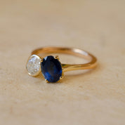 diamond and sapphire two stone ring in yellow gold