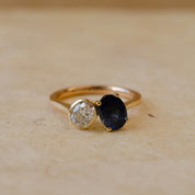 yellow gold diamond and sapphire two stone ring