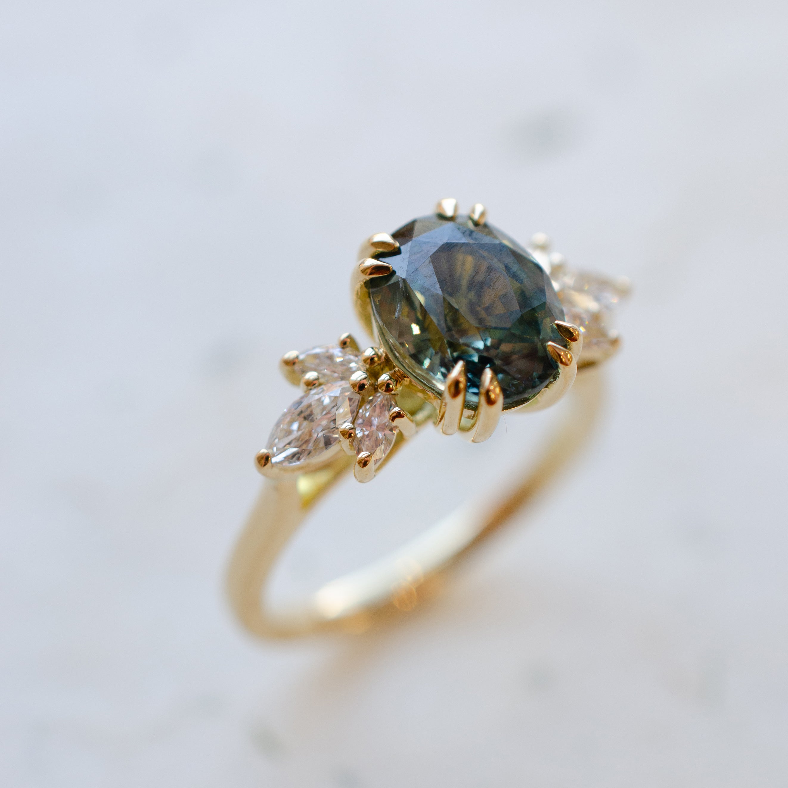 Oval Teal Sapphire Diamond Engagement Ring