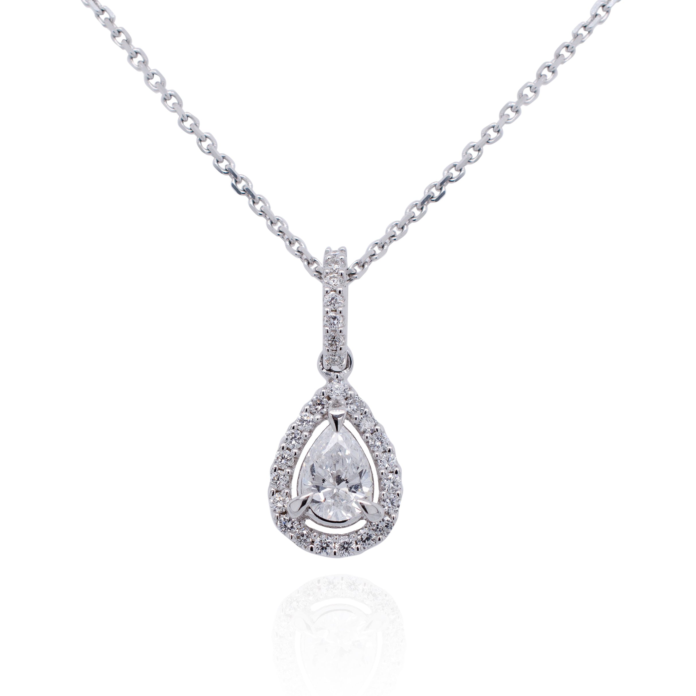 Pear Shape Diamond Halo Drop Necklace in 18ct White Gold