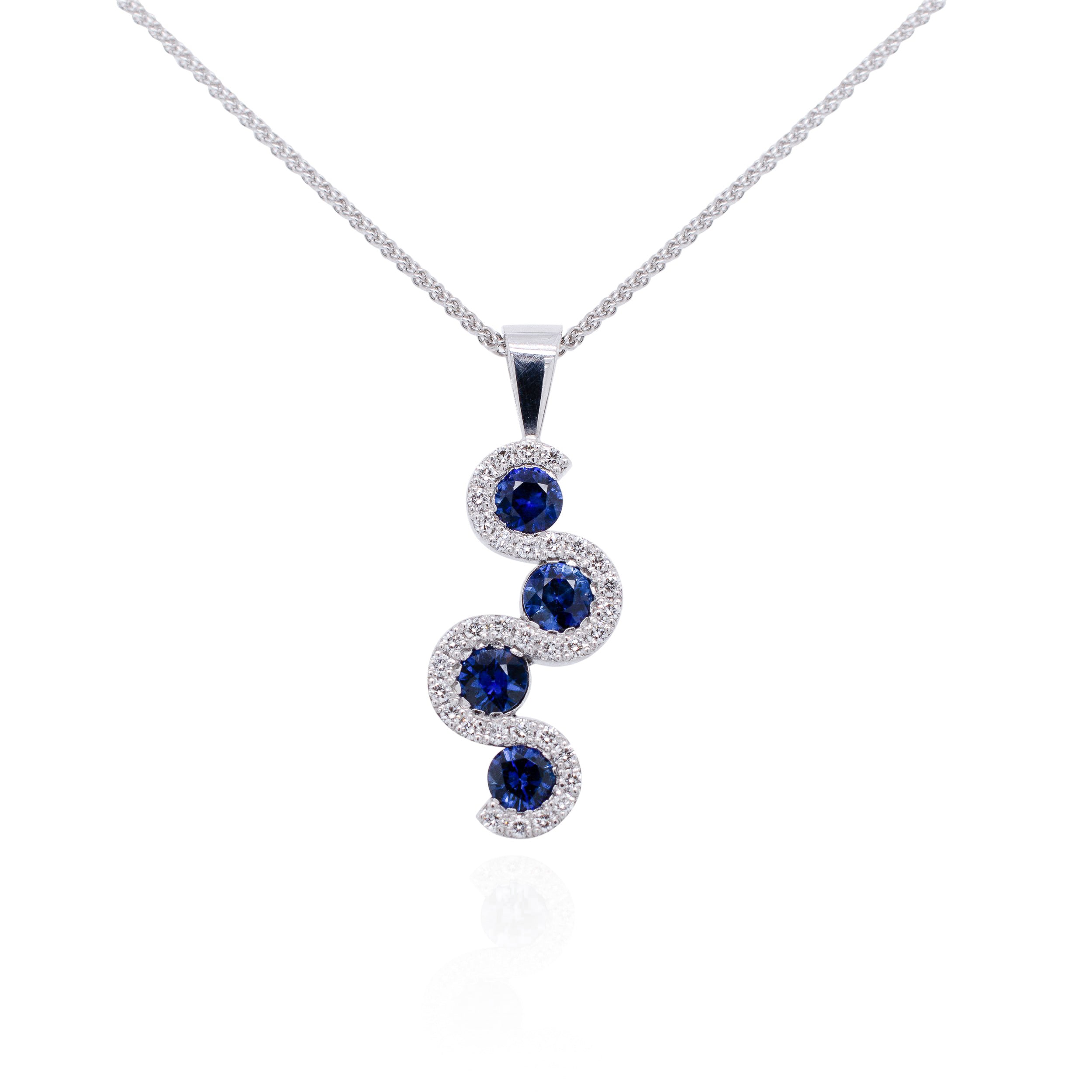 Sapphire & Diamond Curved Drop Pendant in 18ct White Gold
