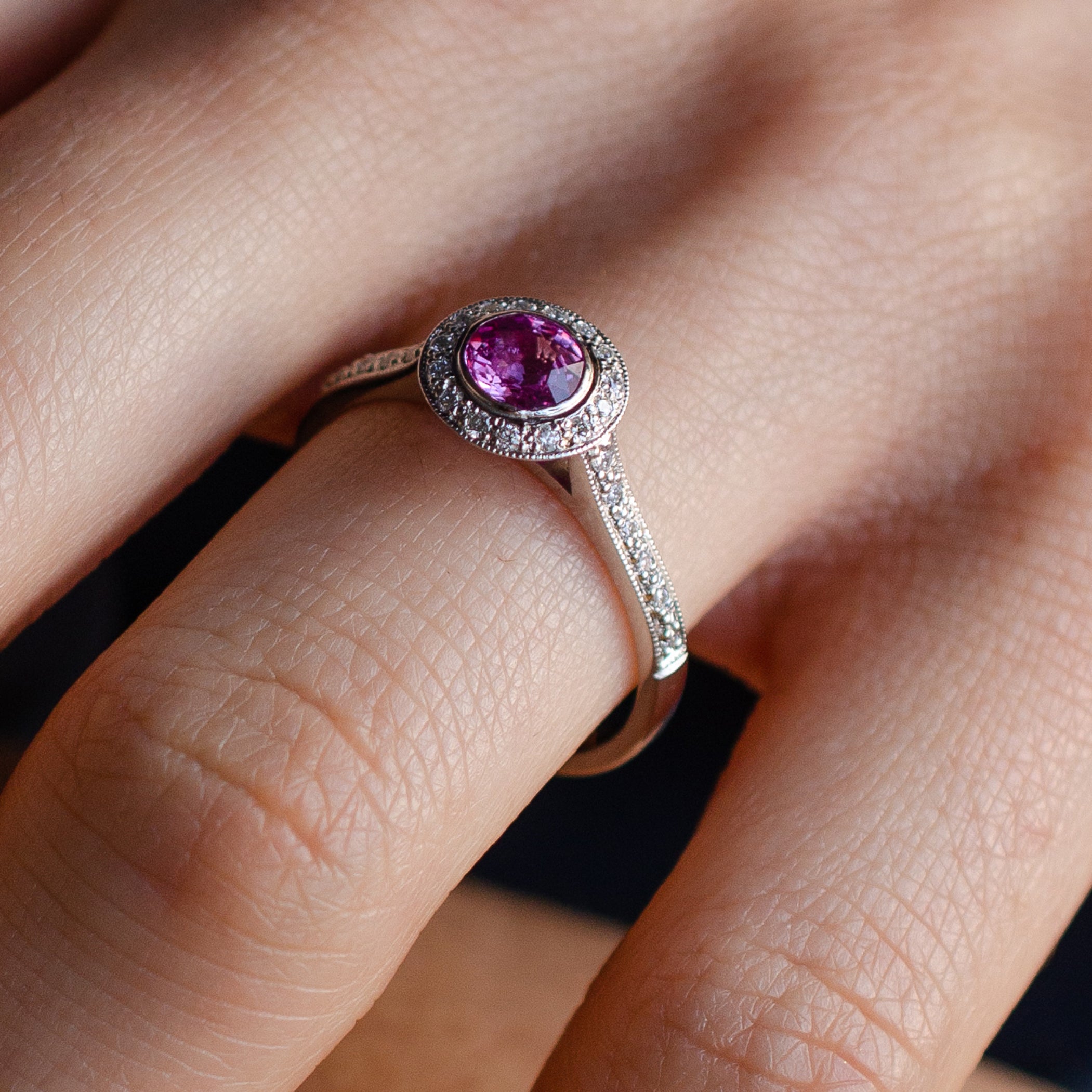 Pink Sapphire & Diamond Halo Engagement Ring
