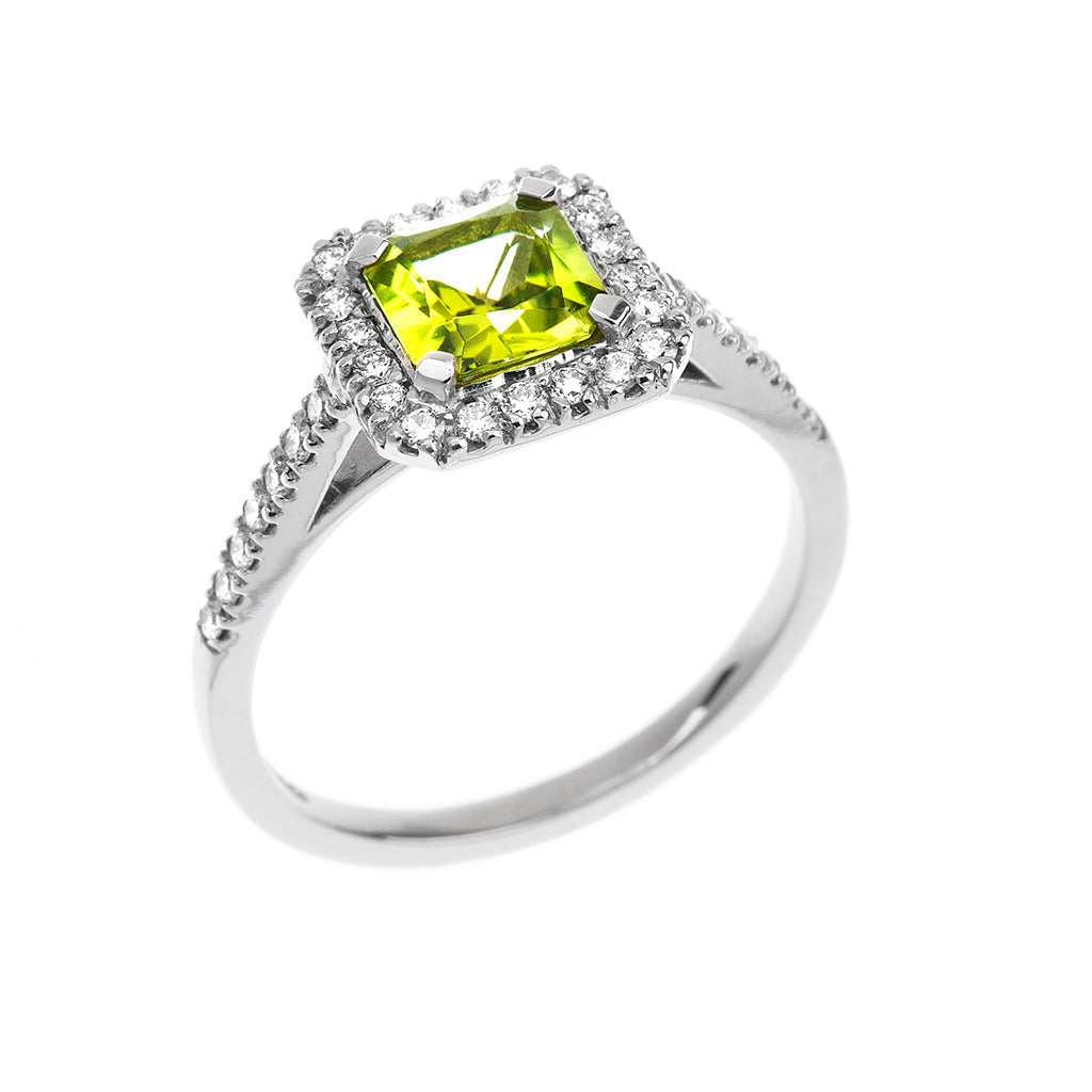 Princess Cut Peridot & Diamond Halo Engagement Ring