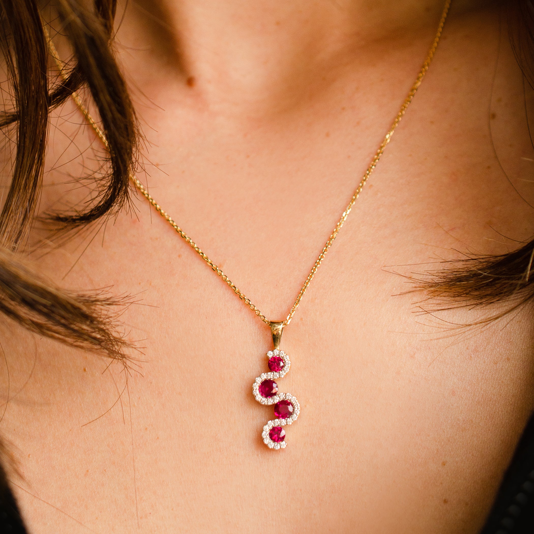 Ruby & Diamond Curved Drop Necklace in 18ct Yellow Gold