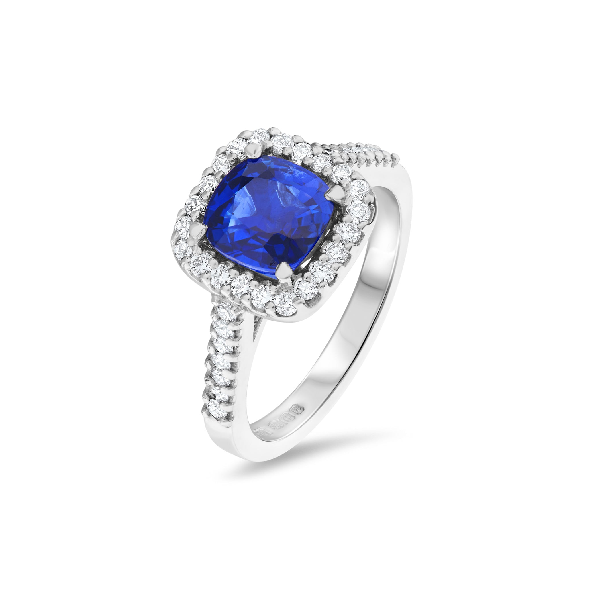 Cushion Cut Blue Sapphire & Diamond Halo Ring